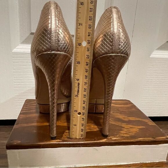Brian Atwood Rose Gold Snakeskin Embossed Stiletto Platform Ultra High Heels 8.5 - Picture 9 of 14